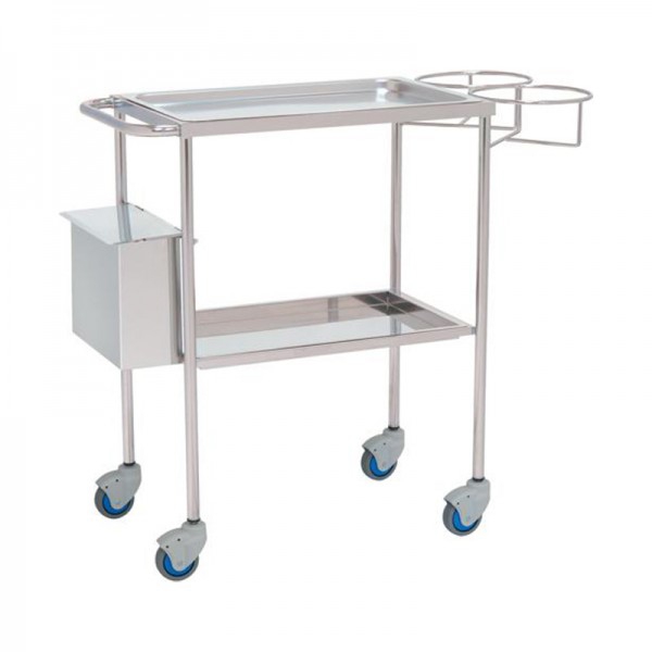 Stainless steel dressing trolley: Two trays, waste bucket and support for bottles Stainless steel dressing trolley: Two trays, waste bucket and support for bottles